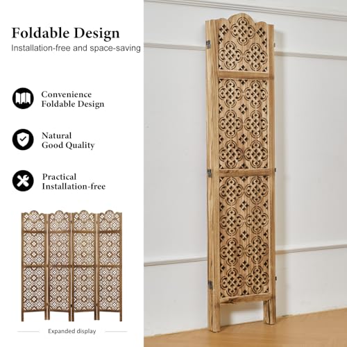 Wood Carved Room Divider 4 Panel Folding Partition Screen X503933