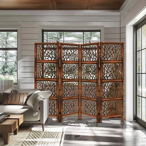 4 Panel Folding Wood Room Divider, Antique Brown, 72 x 80 P209