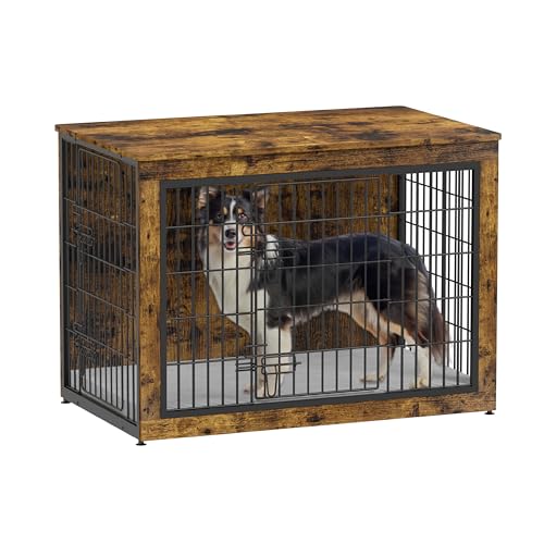 Dog Crate Furniture with Cushion, Heavy-Duty Metal Mesh, Wooden End Table with Double Doors, Indoor Kennel for Small Breed, Grey M3321