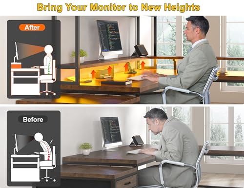 Large L Shaped Gaming Desk with Hutch and Drawers, 64" Reversible Computer Desk with Storage Shelves, Monitor Stand and LED Light for Home Office, Power Outlets, White V6783