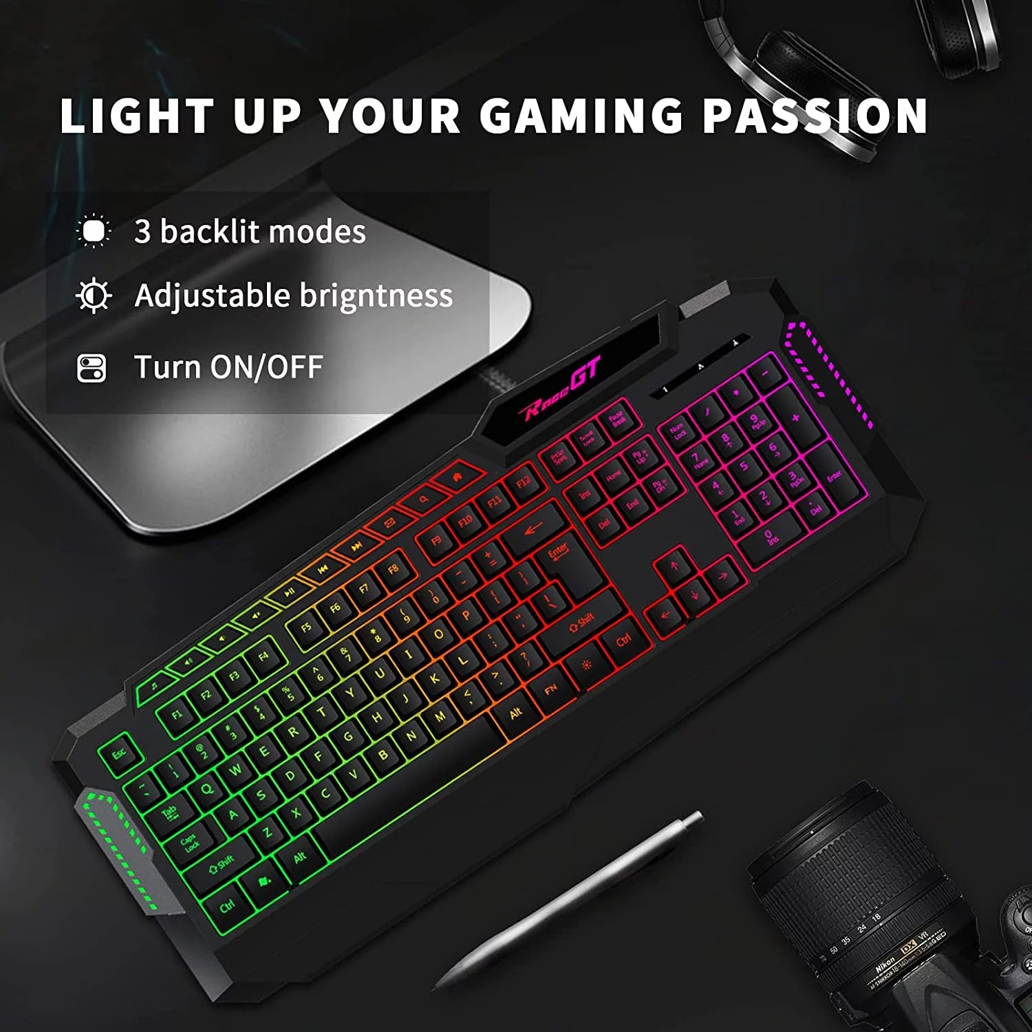 Gaming Keyboard, 114 Keys Wired, Rainbow LED Backlit, Quiet, with Wrist Rest J66393