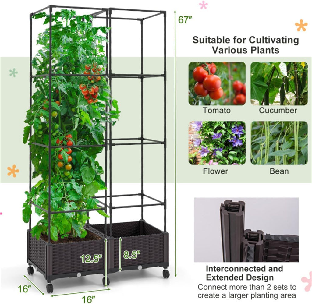 Raised Garden Bed Planter Box with Trellis for Climbing Plants Outdoor Y834