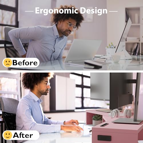 Dual Monitor Stand Riser with Smartphone Holder, Adjustable Wooden Desk Organizer B984