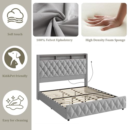 Queen Bed Frame with Tall Headboard, Velvet Upholstered, 4 Storage Drawers Y5950