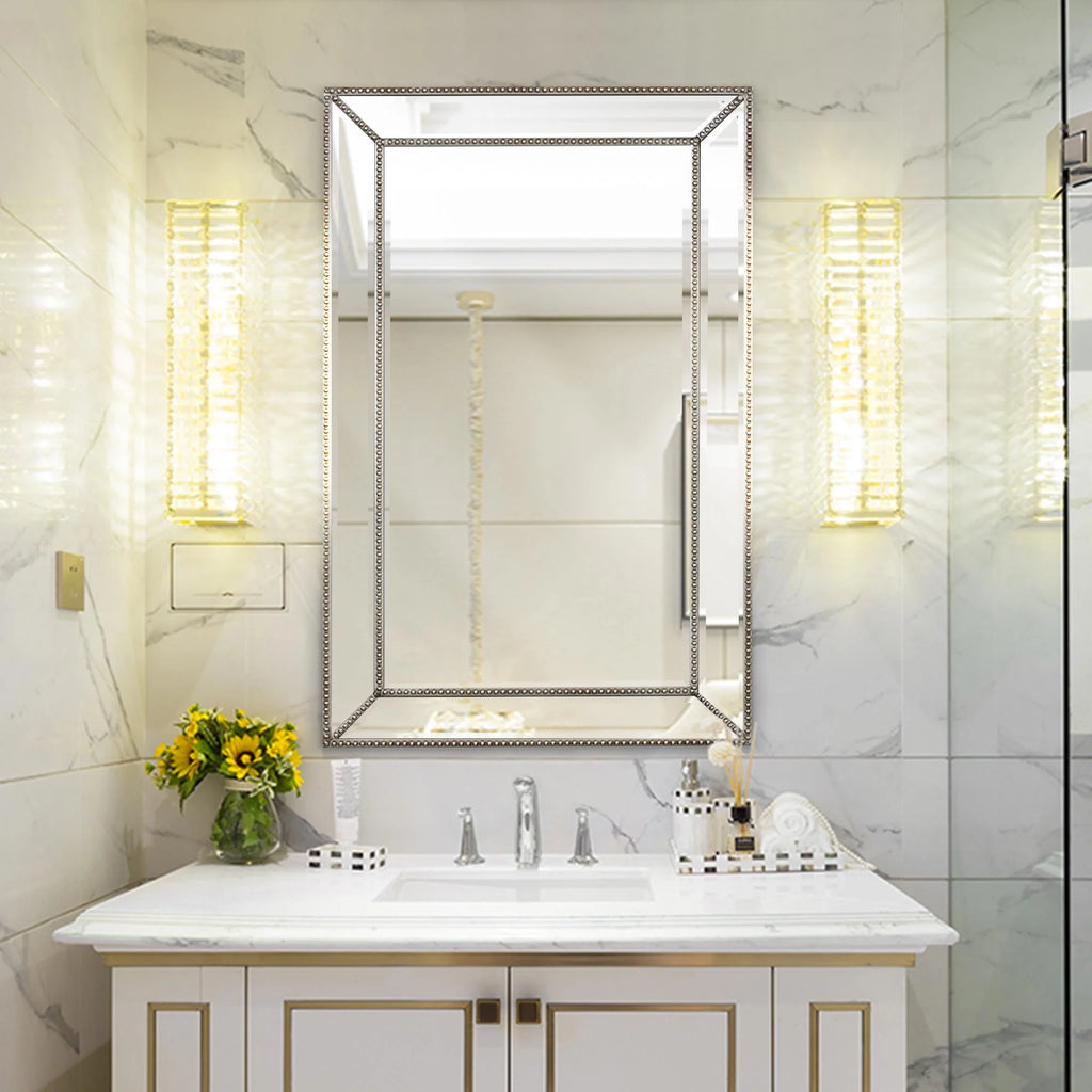 Champagne Silver Beaded Glass Framed Vanity Mirror - Rectangle for Bathroom & Living Room - 20"x32" H38896