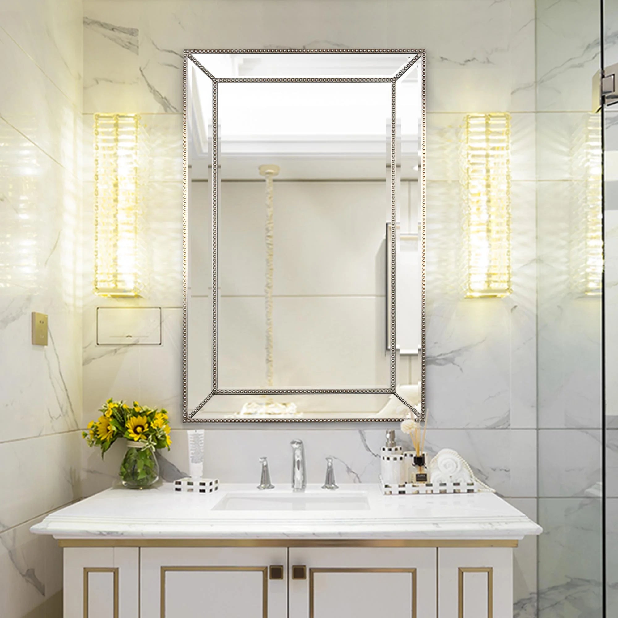 Champagne Silver Beaded Glass Framed Vanity Mirror - Rectangle for Bathroom & Living Room - 20"x32" H38896