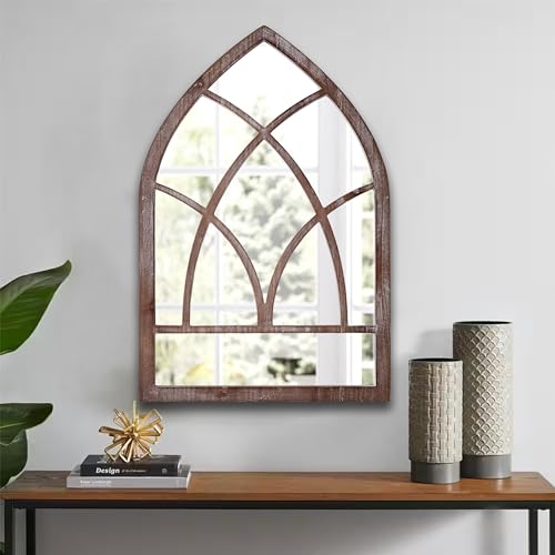 Arched Window Mirror Wall Decor, 16 x 24 Inch, Distressed White O9904