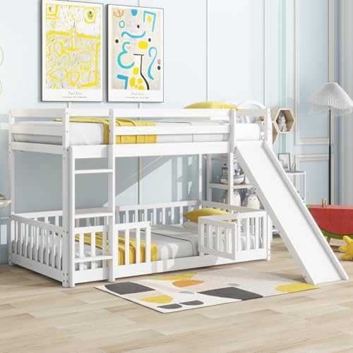 Twin Over Full Size Wooden Bunk Bed with Slide and Storage Stairs N394