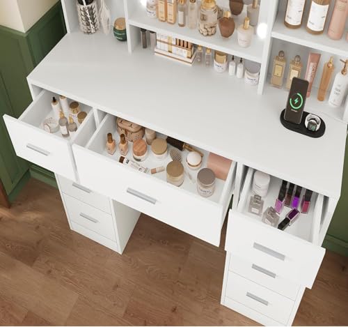 Vanity Desk with Mirror and Lights, 9 Drawers, 6 Open Shelves, Adjustable Brightness, White J50562