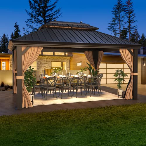 12x20 ft Hardtop Gazebo Double Roof Galvanized Steel Canopy Outdoor Aluminum Frame with Netting and Curtains X191579