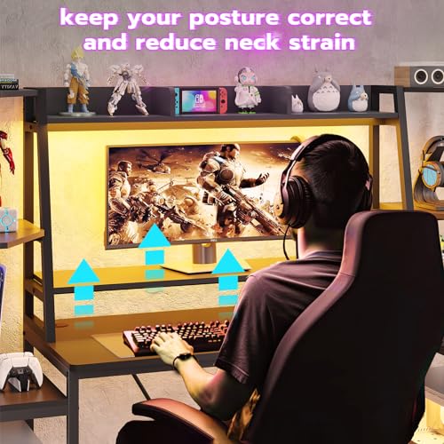Gaming Desk with LED Lights, Hutch and Storage Shelves, Black O742