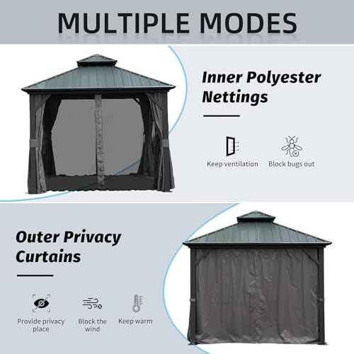 10 x 10 ft Hardtop Gazebo with Netting and Curtains, Galvanized Steel Roof for Patio K80436