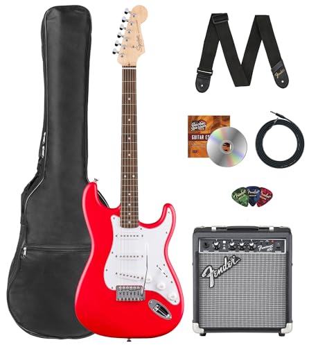 Stratocaster Electric Guitar Bundle with Amplifier, Gig Bag, Strap, Cable, Picks, and DVD F102