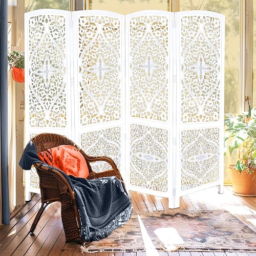 4 Panel Folding Wood Room Divider, Antique Brown, 72 x 80 P209