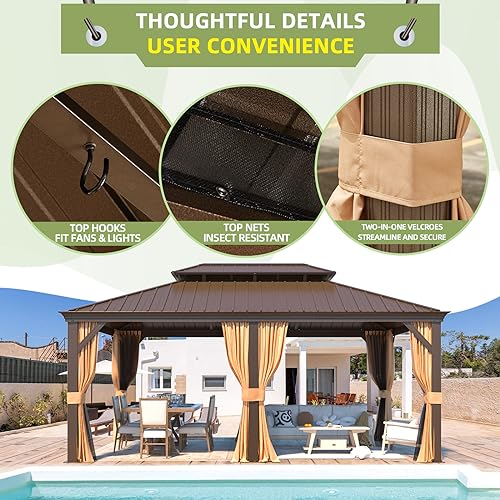 12x16 ft Hardtop Gazebo with Double Roof, Curtains and Netting T94173