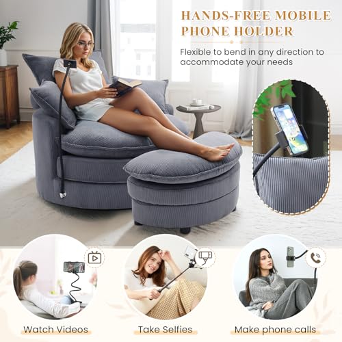 Swivel Barrel Accent Sofa Chair with Phone Holder & Storage Ottoman, 360 Degree Corduroy, Beige A36232
