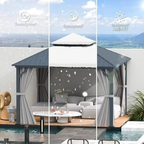 10 x 10 ft Hardtop Gazebo with Netting and Curtains, Galvanized Steel Roof for Patio K80436