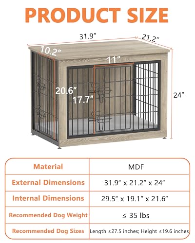 Dog Crate Furniture with Cushion, Heavy-Duty Metal Mesh, Wooden End Table with Double Doors, Indoor Kennel for Small Breed, Grey M3321
