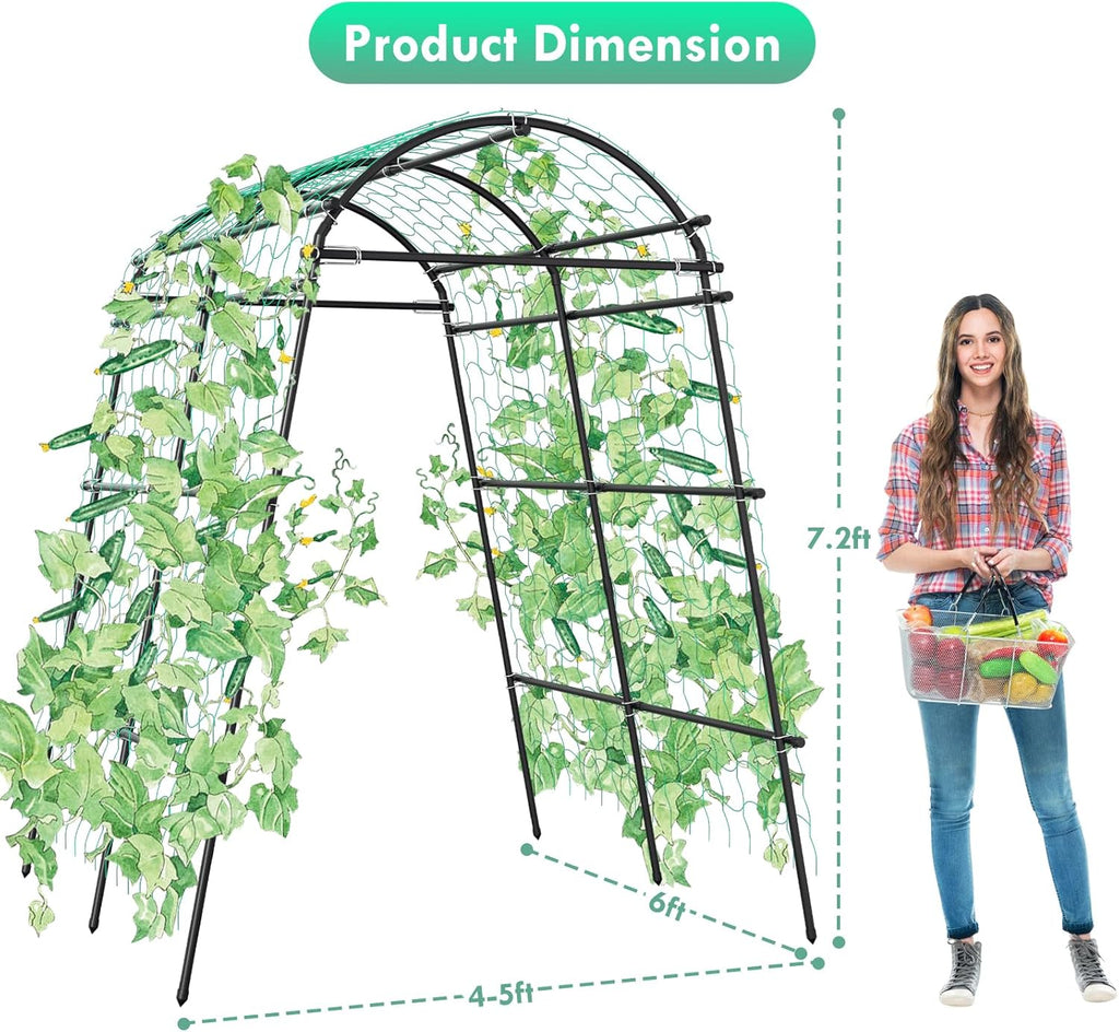 Garden Arch Trellis for Climbing Plants Outdoor, 7 Ft Tall Metal Archway with Nylon Net G610
