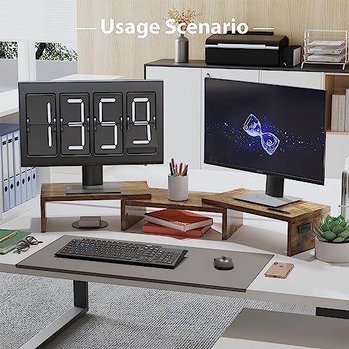 Dual Monitor Stand Riser with Smartphone Holder, Adjustable Wooden Desk Organizer B984