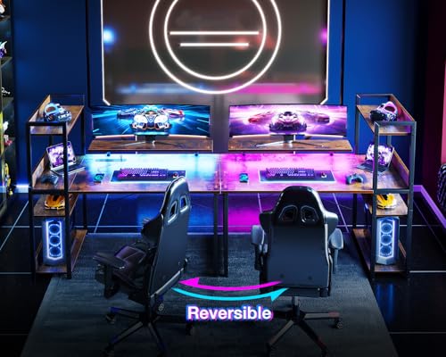 Reversible Gaming Desk with USB Charging Port and LED Lights, 40 Inch Computer Desk with Storage Shelves M571