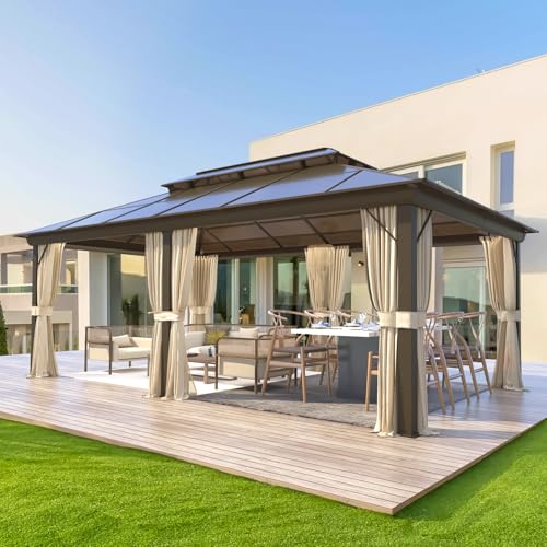 10x13 Hardtop Gazebo with Polycarbonate Double Roof, Aluminum Frame, Curtains and Netting S2701