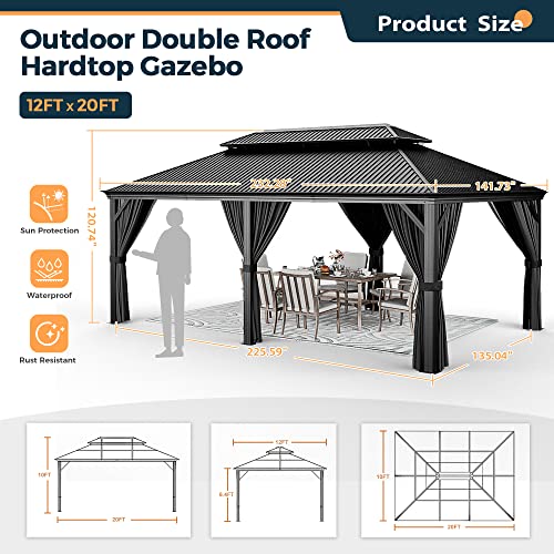 10 x 12 ft Hardtop Gazebo with Netting and Curtains for Patio, Deck, Backyard X60892