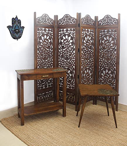 4 Panel Folding Wood Room Divider, Antique Brown, 72 x 80 P209