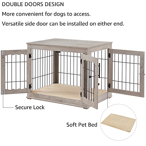 Wooden Dog Crate End Table with Double Doors and Pet Bed E595686