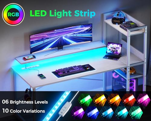 Reversible Gaming Desk with USB Charging Port and LED Lights, 40 Inch Computer Desk with Storage Shelves M571