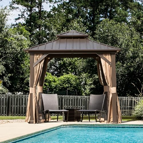 10 x 10 ft Hardtop Gazebo with Netting and Curtains, Galvanized Steel Roof for Patio K80436