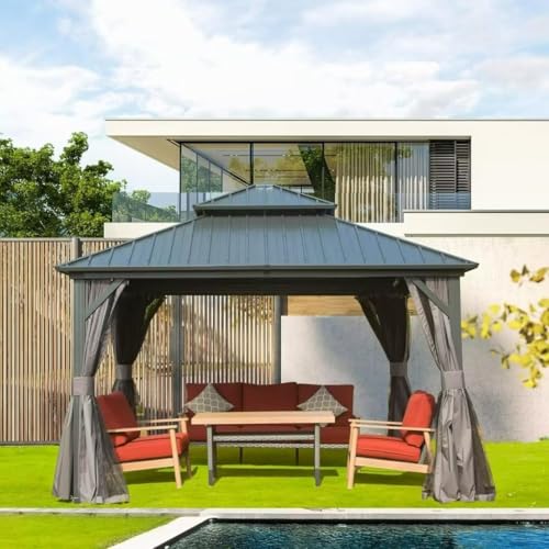 10 x 10 ft Hardtop Gazebo with Netting and Curtains, Galvanized Steel Roof for Patio K80436