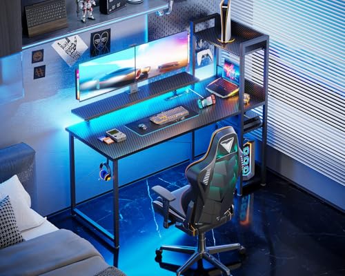 Reversible Gaming Desk with USB Charging Port and LED Lights, 40 Inch Computer Desk with Storage Shelves M571
