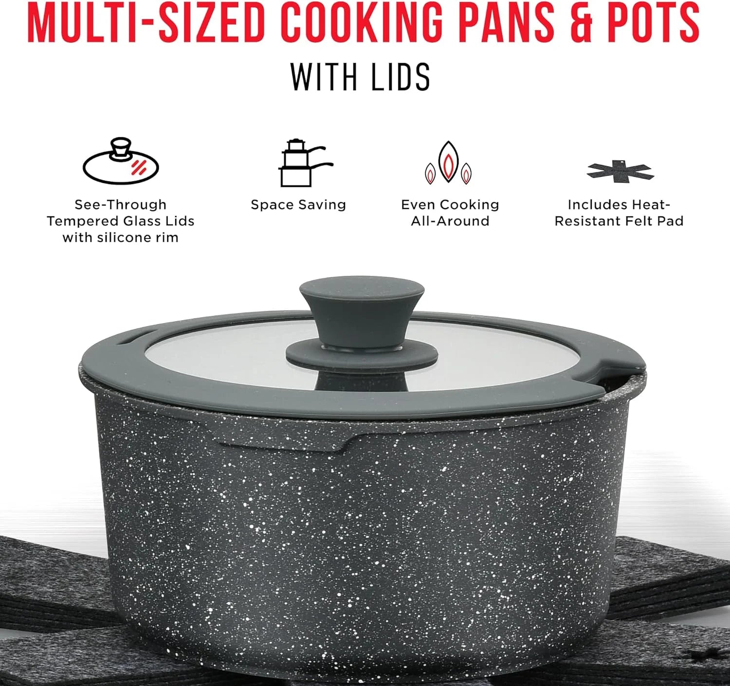 Detachable 15-Piece Cookware Set, Granite Non-Stick, Stackable, Oven-Safe D2473