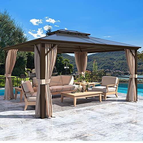10x13 Hardtop Gazebo with Polycarbonate Double Roof, Aluminum Frame, Curtains and Netting S2701