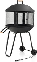Tangkula Portable Fire Pit with Wheels, 28 Inch Wood Burning Fire Pit with Log Grate, Poker, Rolling Patio Fireplace Wooden Bonfire Firepit for Outdoor Entertaining Black