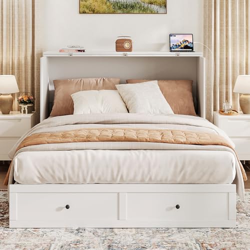 Murphy Bed with Storage & Charging Station, Foldable Panel, Distressed White C449393