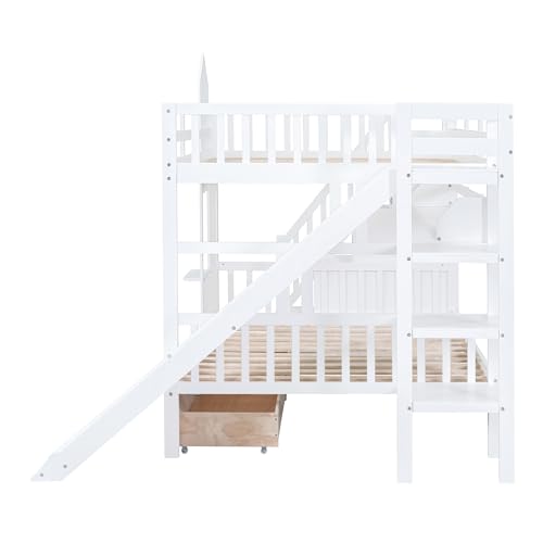 Twin Over Twin Bunk Bed with Stairs and Slide, Solid Wood Frame with Storage B8483