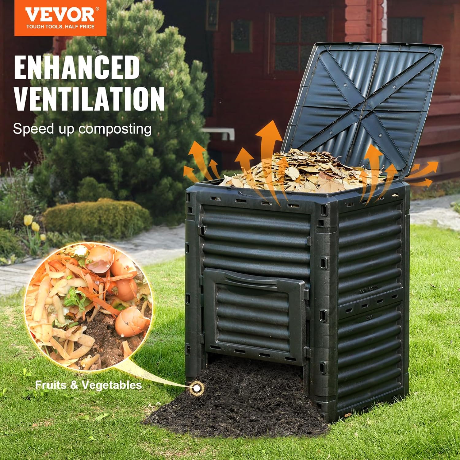 Garden Compost Bin 80 Gallon, BPA Free Composter, Outdoor Composting Bin with Top Lid and Bottom Door A75916