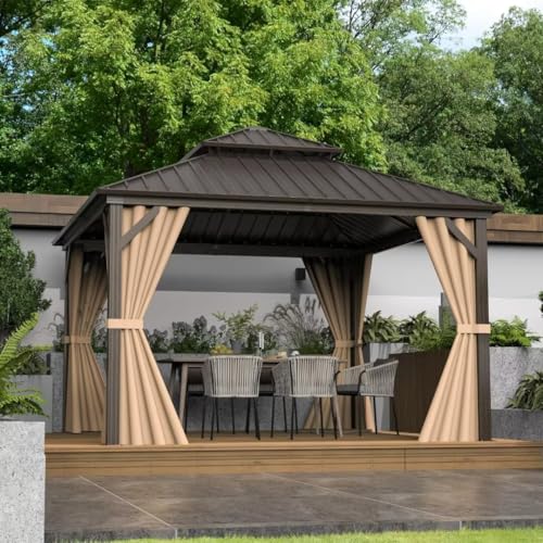 10 x 10 ft Hardtop Gazebo with Netting and Curtains, Galvanized Steel Roof for Patio K80436