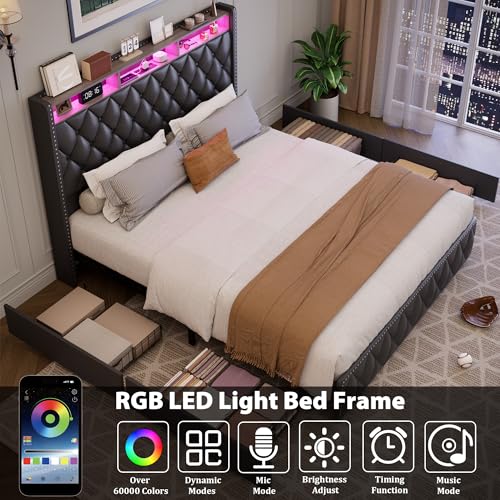 Queen Bed Frame with Tall Headboard, Velvet Upholstered, 4 Storage Drawers Y5950