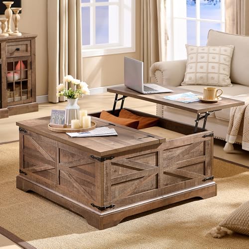 Farmhouse Lift Top Coffee Table with Storage, 36" Wood Square Center Table, Light Brown V399
