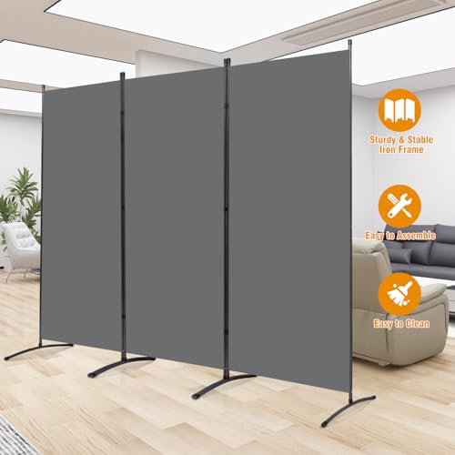 Room Divider Screen 3 Panel Folding Partition with Metal Frame, Grey N348
