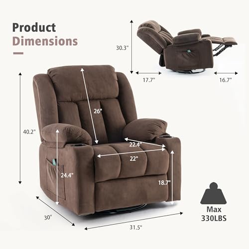 Swivel Recliner Chair with Massage and Heat, Fabric Upholstery, Lime Gray Y550941