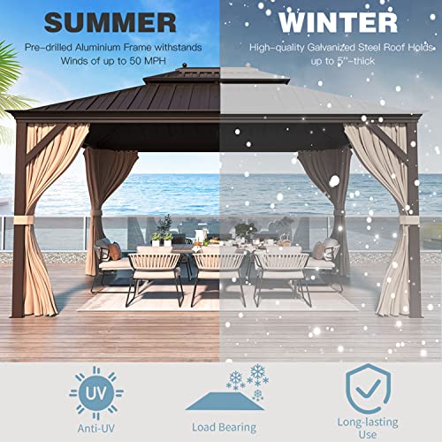12x16 ft Hardtop Gazebo with Double Roof, Curtains and Netting T94173