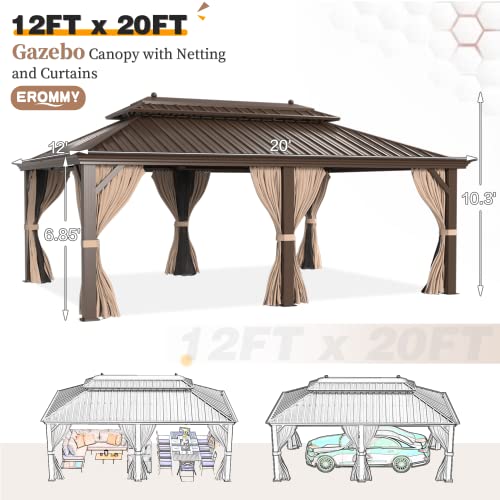 12x20 ft Hardtop Gazebo Double Roof Galvanized Steel Canopy Outdoor Aluminum Frame with Netting and Curtains X191579
