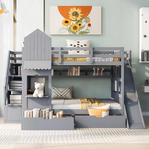 Kids Bunk Bed with Stairs and Slide, Twin Over Twin, Gray O540