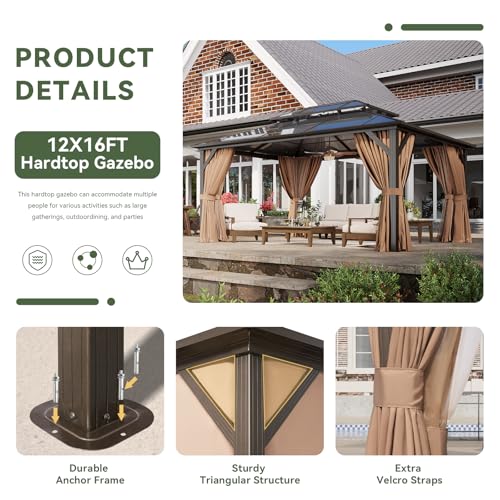 12x16 Hardtop Gazebo with Netting and Curtains for Patio K27275