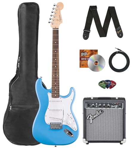 Stratocaster Electric Guitar Bundle with Amplifier, Gig Bag, Strap, Cable, Picks, and DVD F102