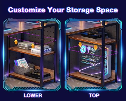 Reversible Gaming Desk with USB Charging Port and LED Lights, 40 Inch Computer Desk with Storage Shelves M571